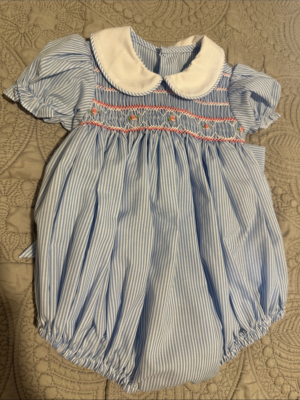 Blue & White Smocked Baby Bubble Romper